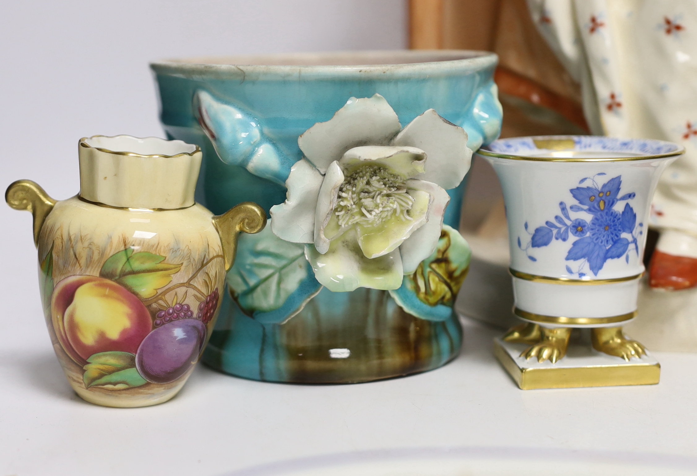 A large French porcelain seated ‘mother and child’ group , a collection of 19th century blue and white pottery plates, a Mabel Lucy Attwell oval dish, a Herend pot, an Aynsley vase, etc.